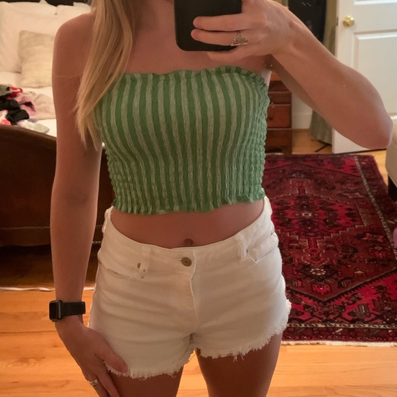 Forever 21 Tops - Green and White Smoked Crop Top Small Cinched